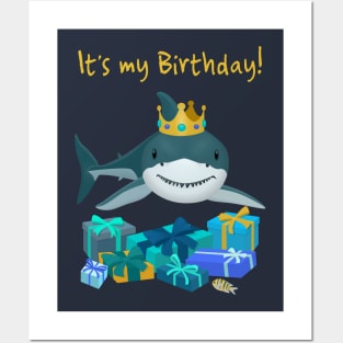 Birthday shark in a crown with presents Posters and Art